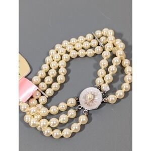 VTG Marta Manacor Mallorca Glass Faux Pearl Triple Strand 925 Clasp‎ Bracelet 7"